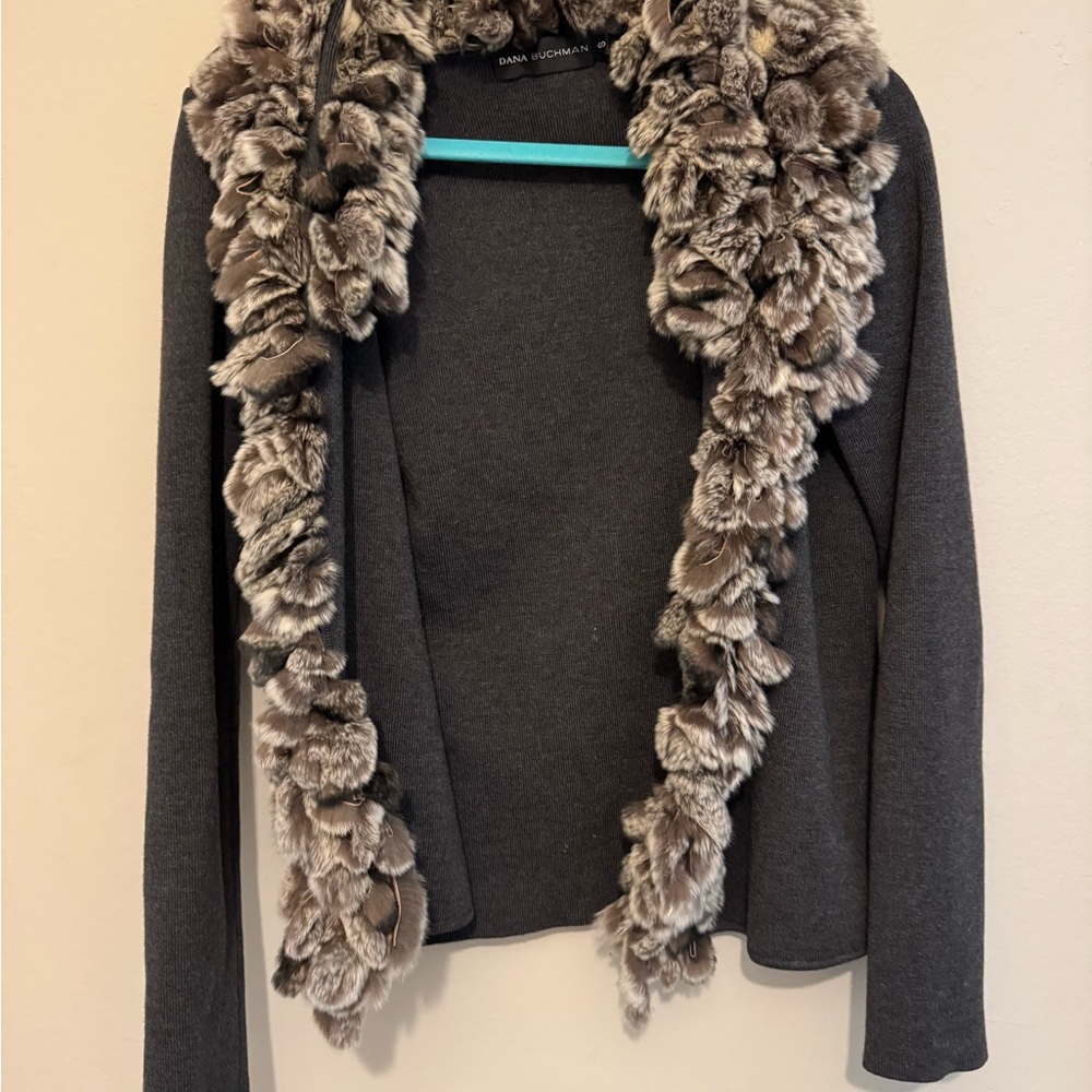 Dana Buchman Gray Cardigan with Rabbit Fur Trim and 100% Merino Wool